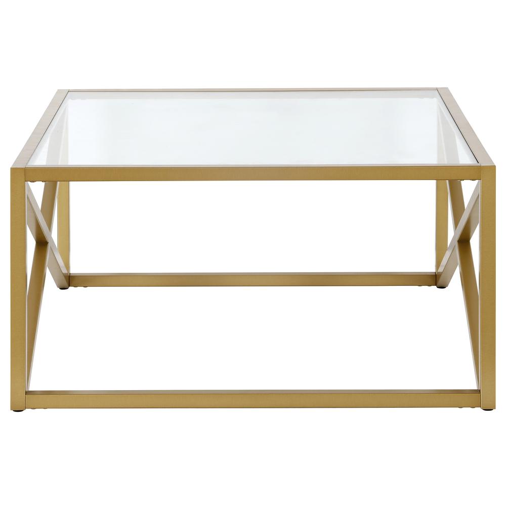 32" Gold Glass And Steel Square Coffee Table. Picture 3
