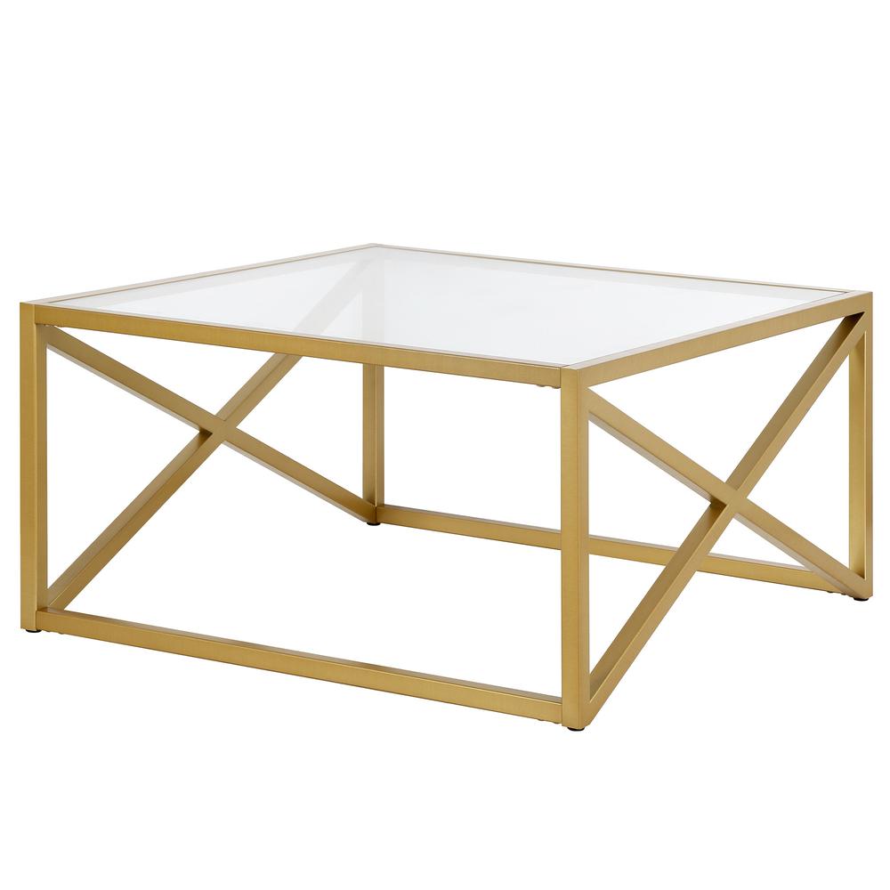 32" Gold Glass And Steel Square Coffee Table. Picture 4