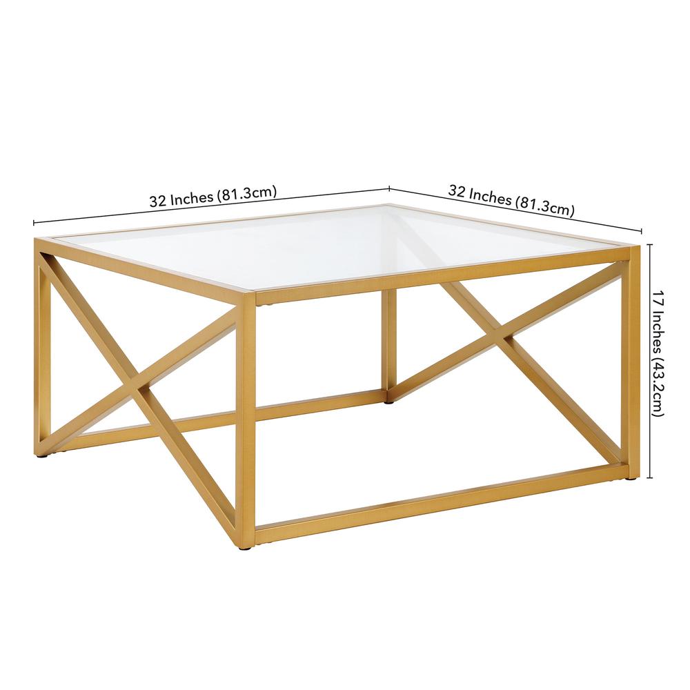 32" Gold Glass And Steel Square Coffee Table. Picture 8