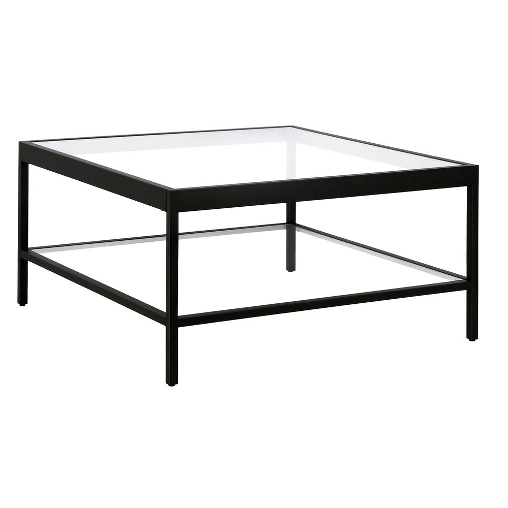 32" Black Glass And Steel Square Coffee Table With Shelf. Picture 1