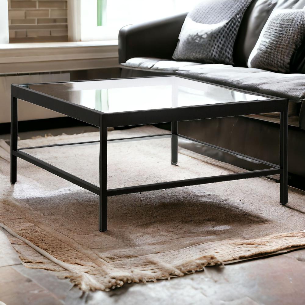 32" Black Glass And Steel Square Coffee Table With Shelf. Picture 2