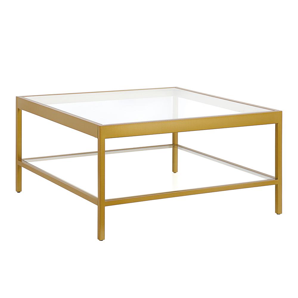 32" Gold Glass And Steel Square Coffee Table With Shelf. Picture 1