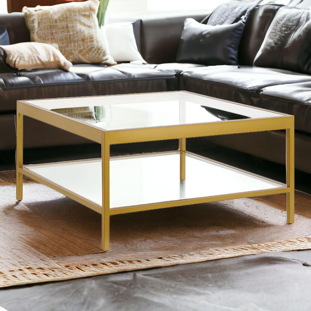 32" Gold Glass And Steel Square Coffee Table With Shelf. Picture 2