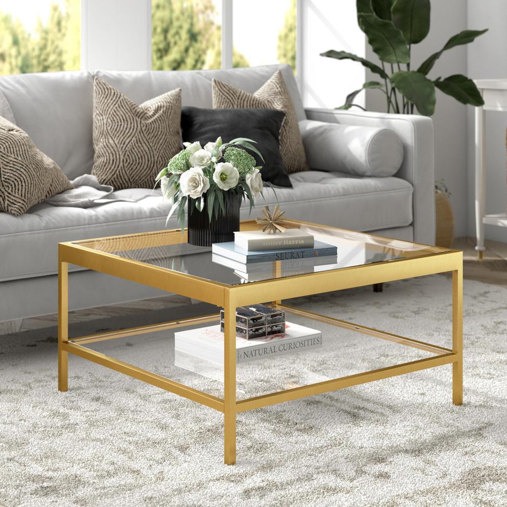32" Gold Glass And Steel Square Coffee Table With Shelf. Picture 5