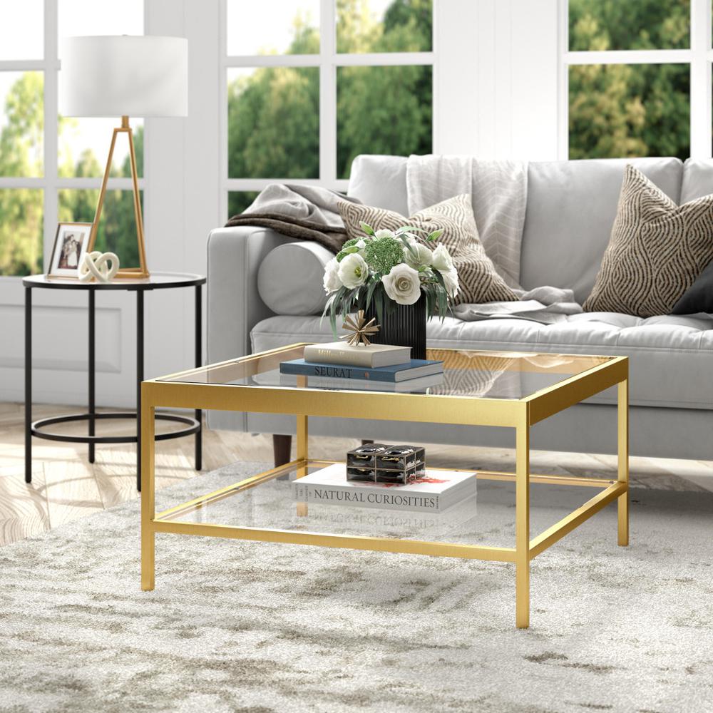 32" Gold Glass And Steel Square Coffee Table With Shelf. Picture 7