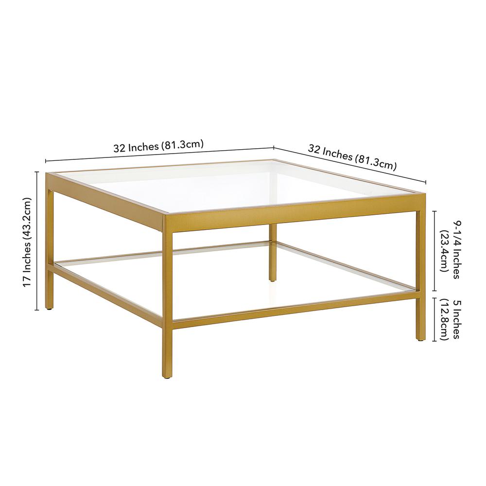 32" Gold Glass And Steel Square Coffee Table With Shelf. Picture 8