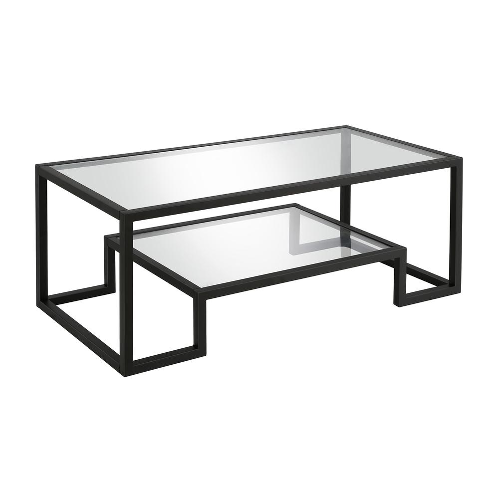 45" Black Glass And Steel Coffee Table With Shelf. Picture 4