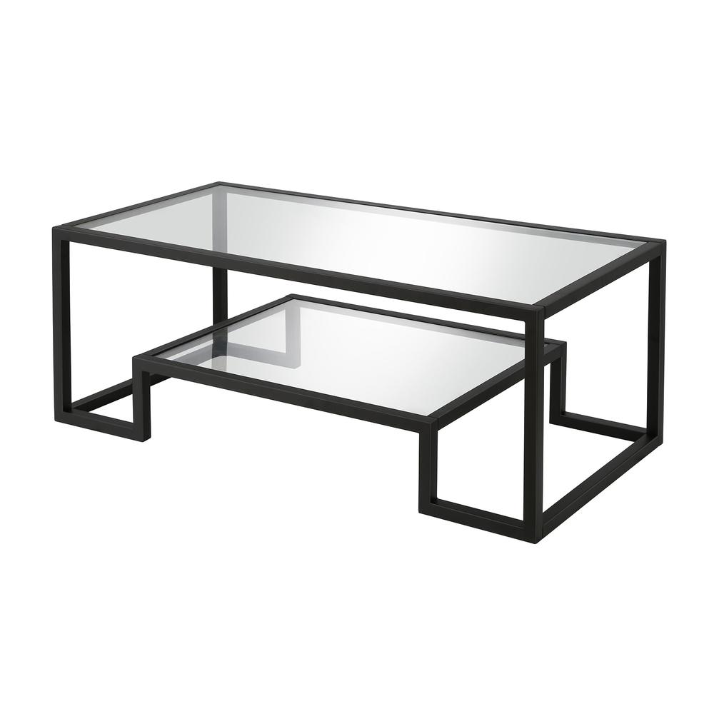 45" Black Glass And Steel Coffee Table With Shelf. Picture 5