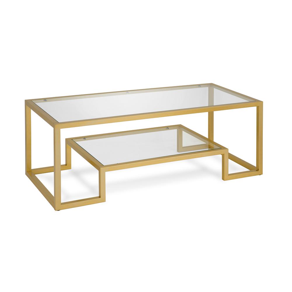 45" Gold Glass And Steel Coffee Table With Shelf. Picture 1