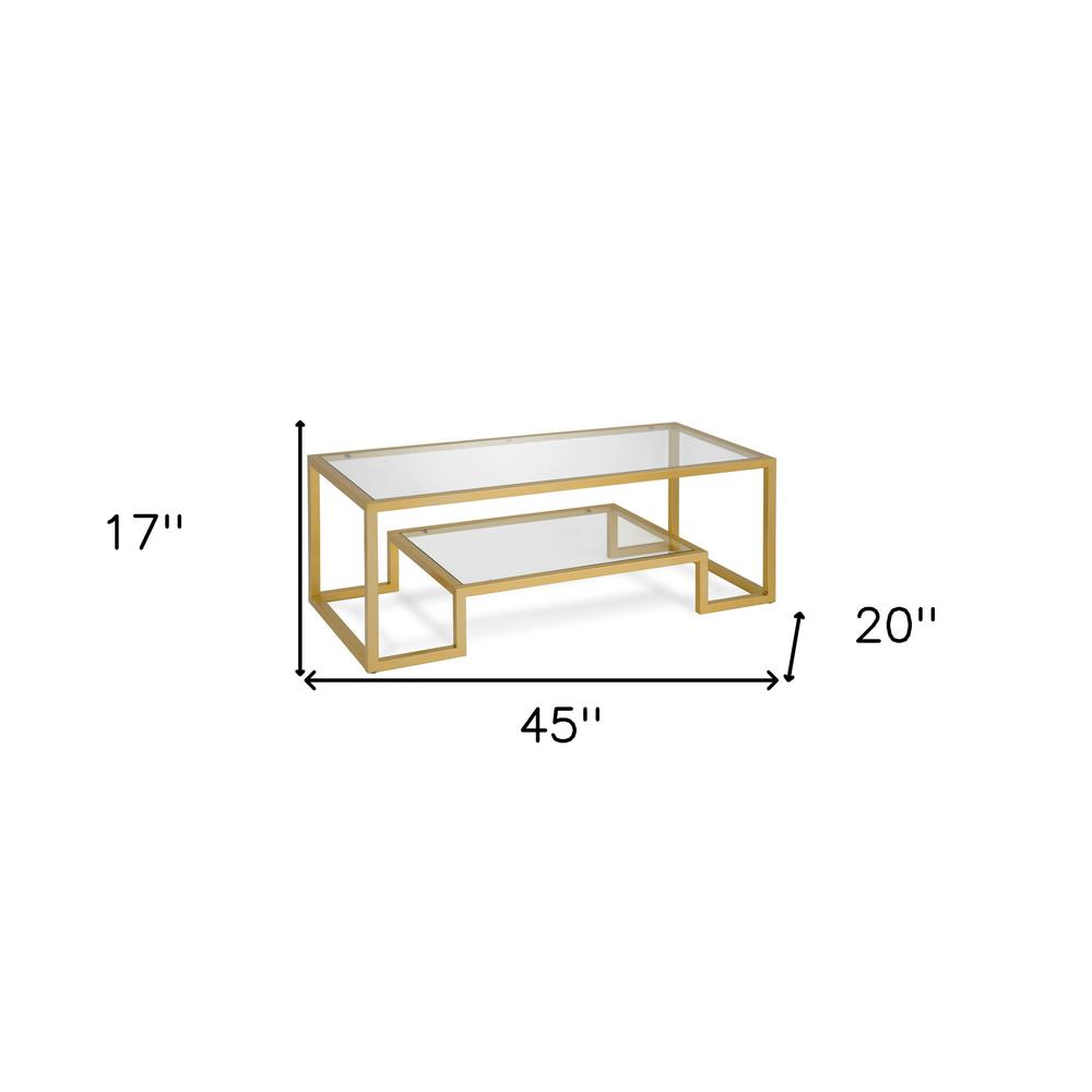 45" Gold Glass And Steel Coffee Table With Shelf. Picture 8