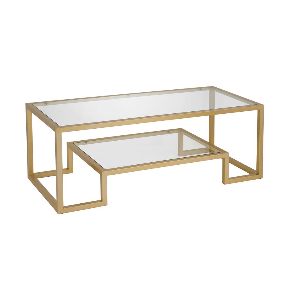 45" Gold Glass And Steel Coffee Table With Shelf. Picture 4