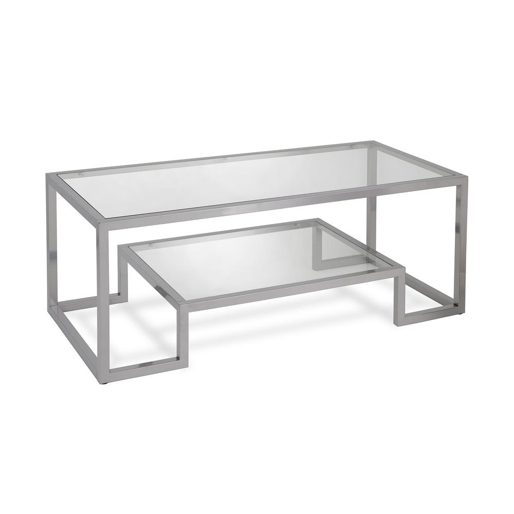 45" Silver Glass And Steel Coffee Table With Shelf. Picture 1