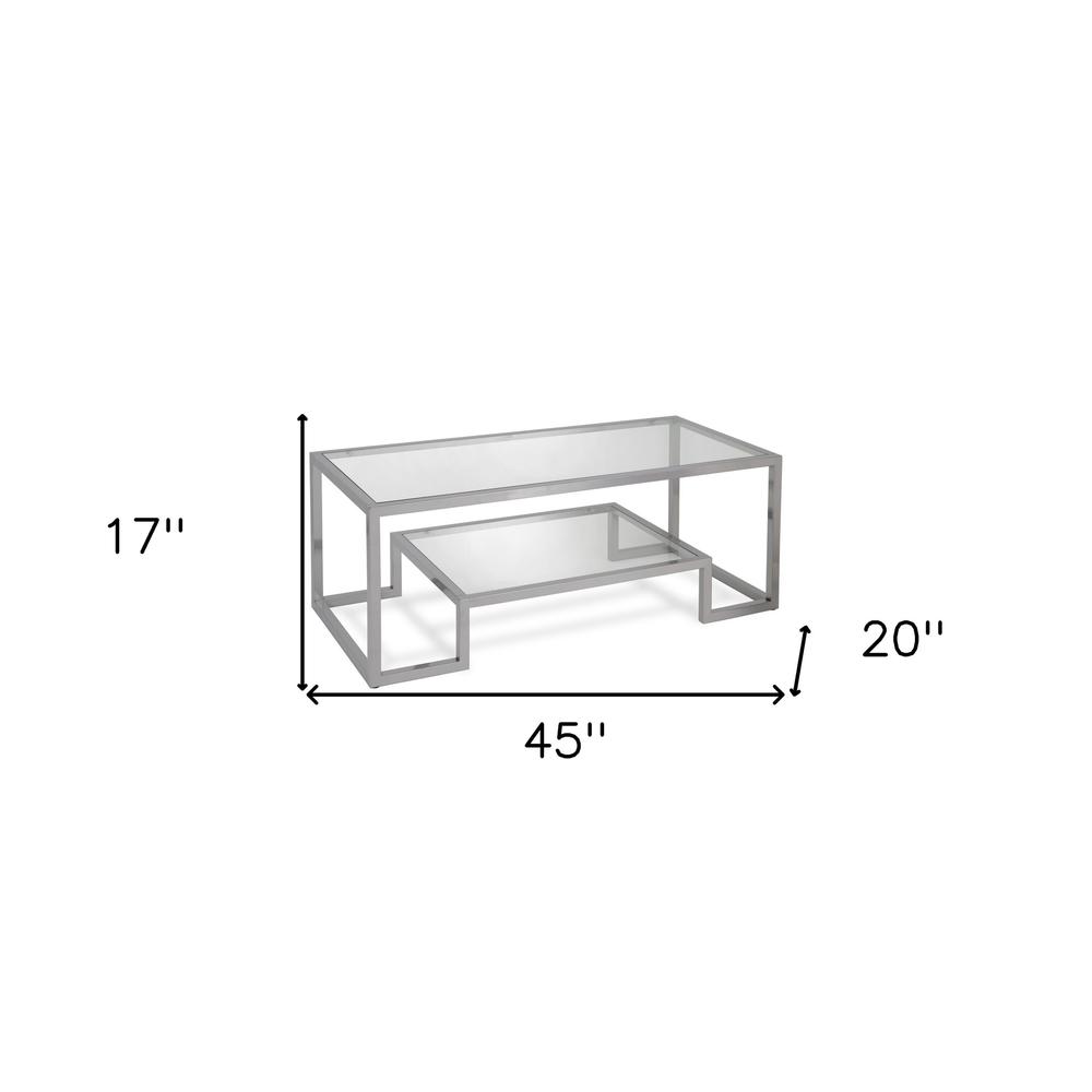 45" Silver Glass And Steel Coffee Table With Shelf. Picture 6