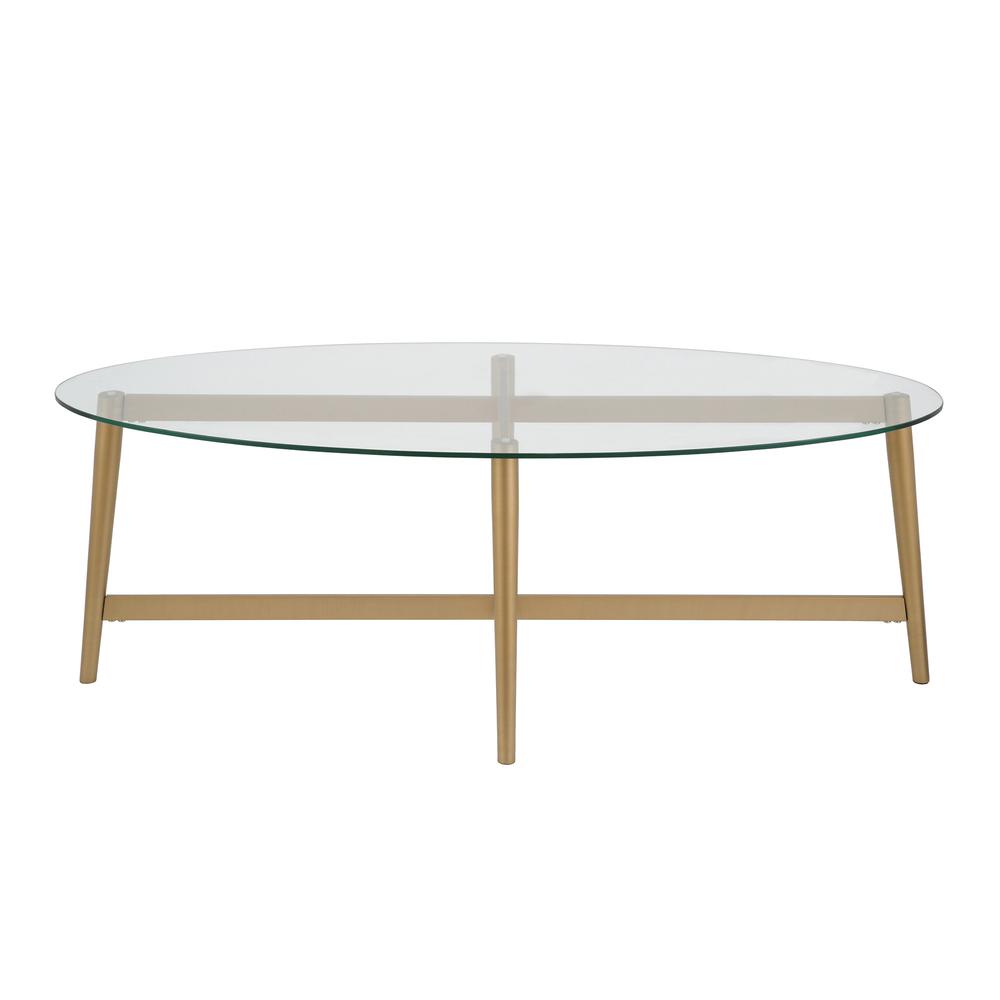 50" Gold Glass And Steel Oval Coffee Table. Picture 2