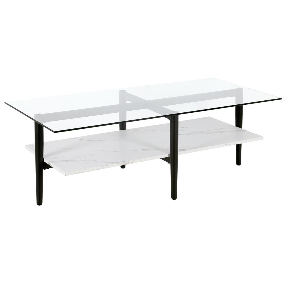 47" Black Glass And Steel Coffee Table With Shelf. Picture 1