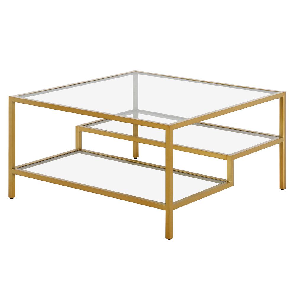32" Gold Glass And Steel Square Coffee Table With Two Shelves. Picture 1