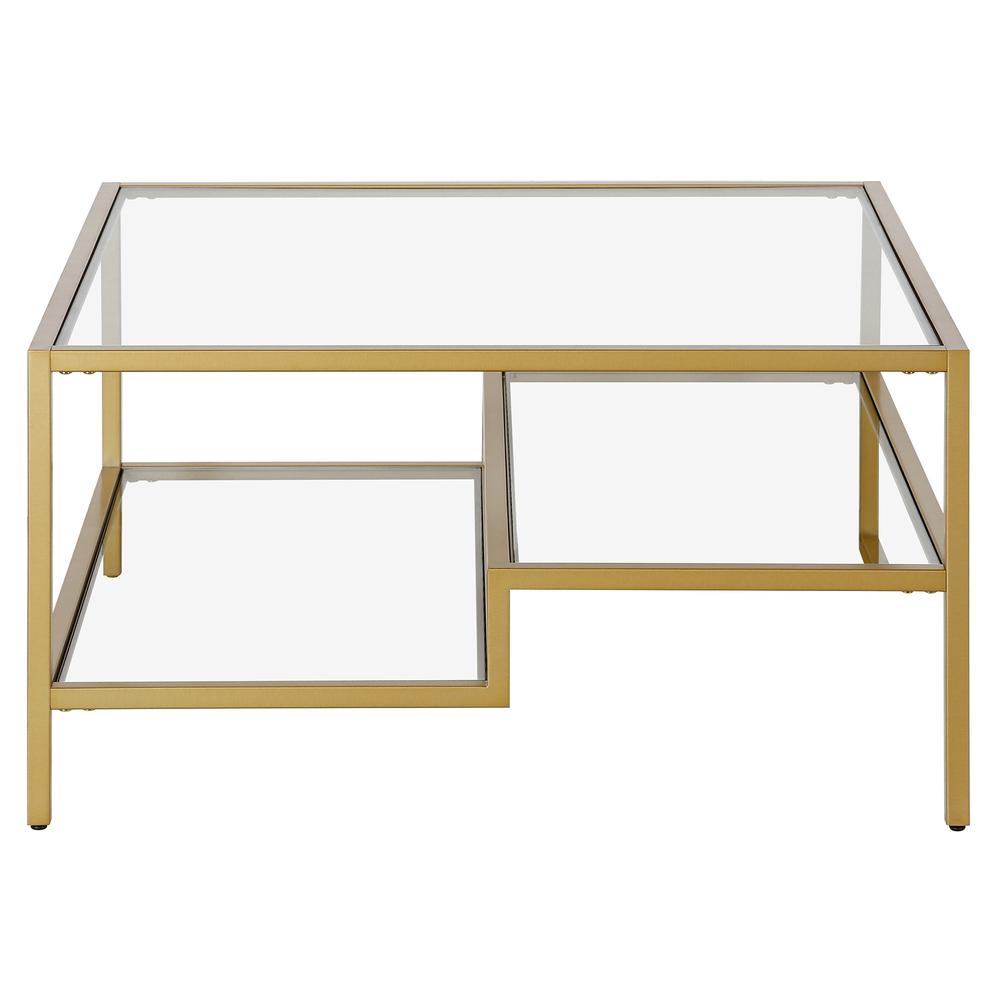 32" Gold Glass And Steel Square Coffee Table With Two Shelves. Picture 3