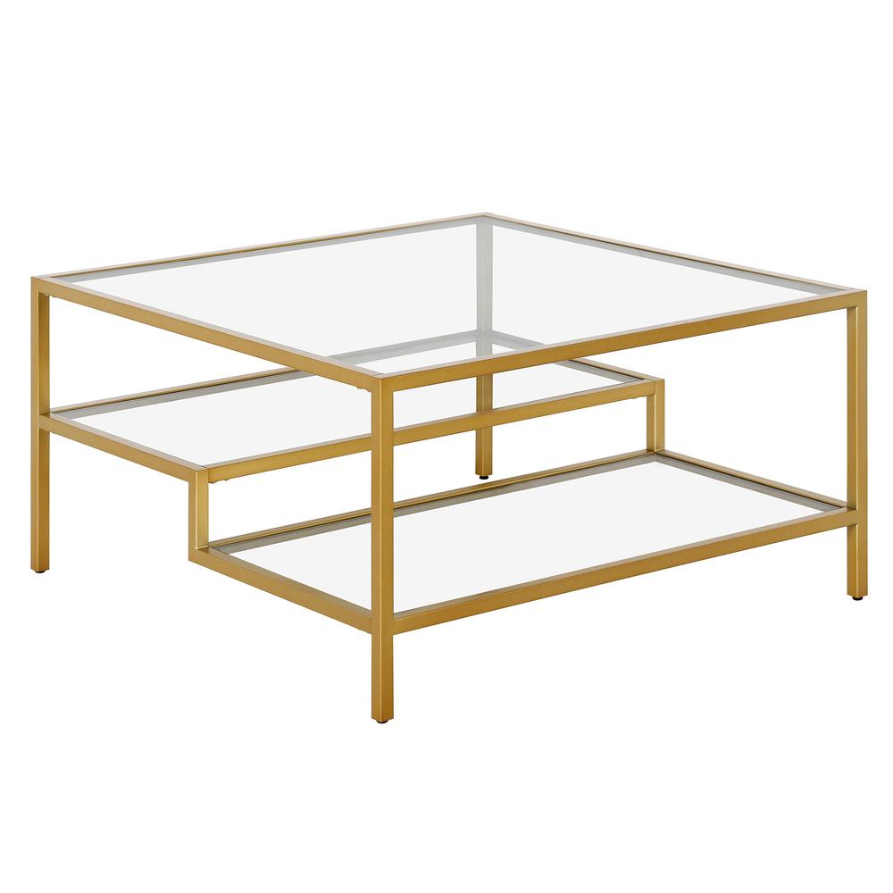 32" Gold Glass And Steel Square Coffee Table With Two Shelves. Picture 4