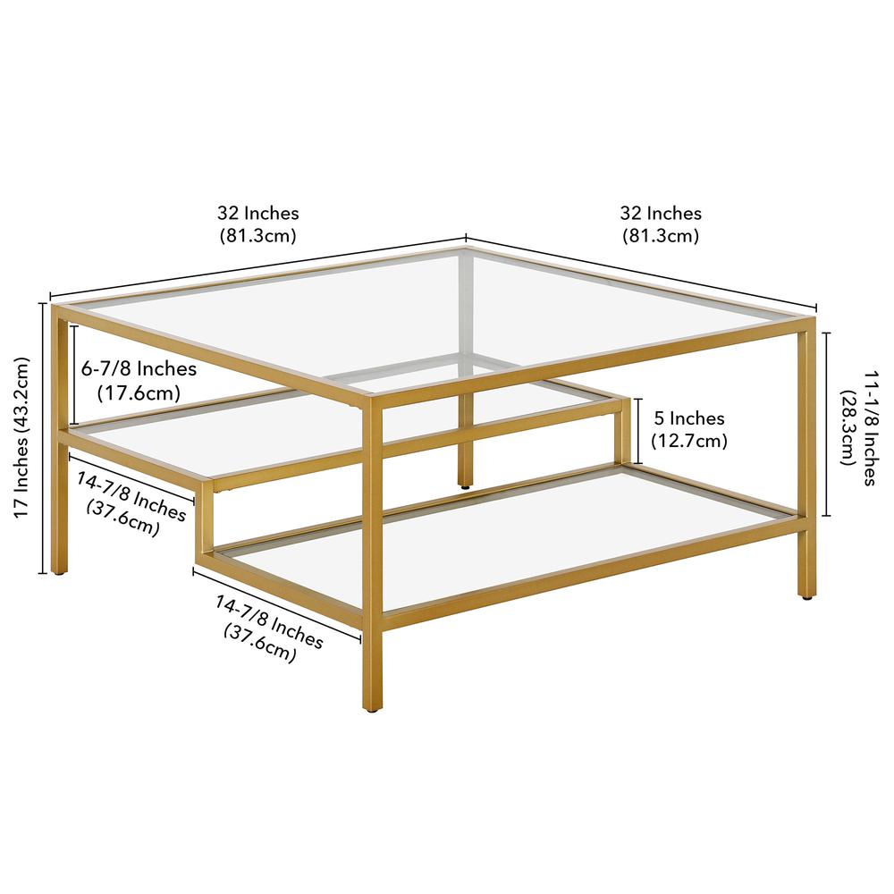 32" Gold Glass And Steel Square Coffee Table With Two Shelves. Picture 8