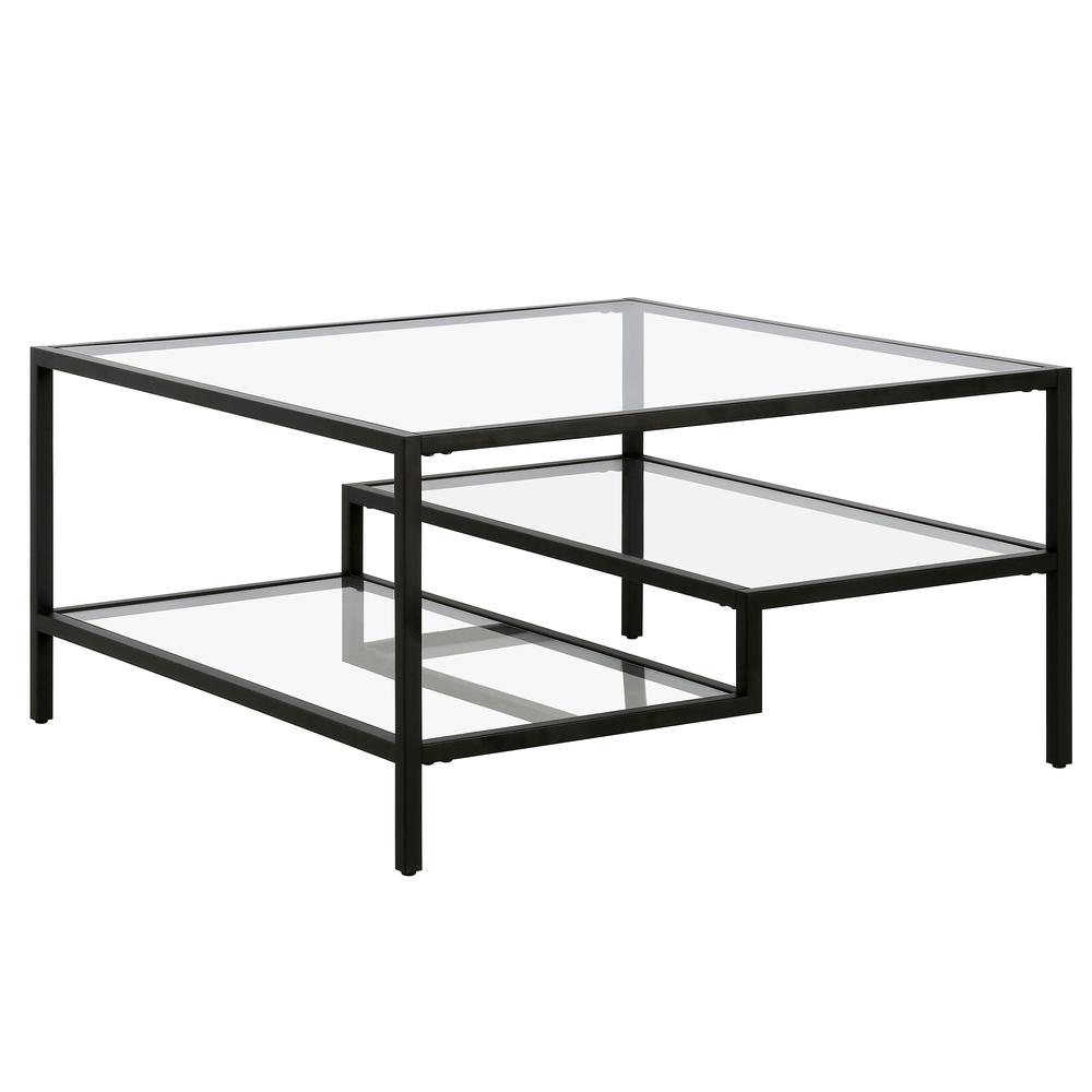 32" Black Glass And Steel Square Coffee Table With Two Shelves. Picture 1