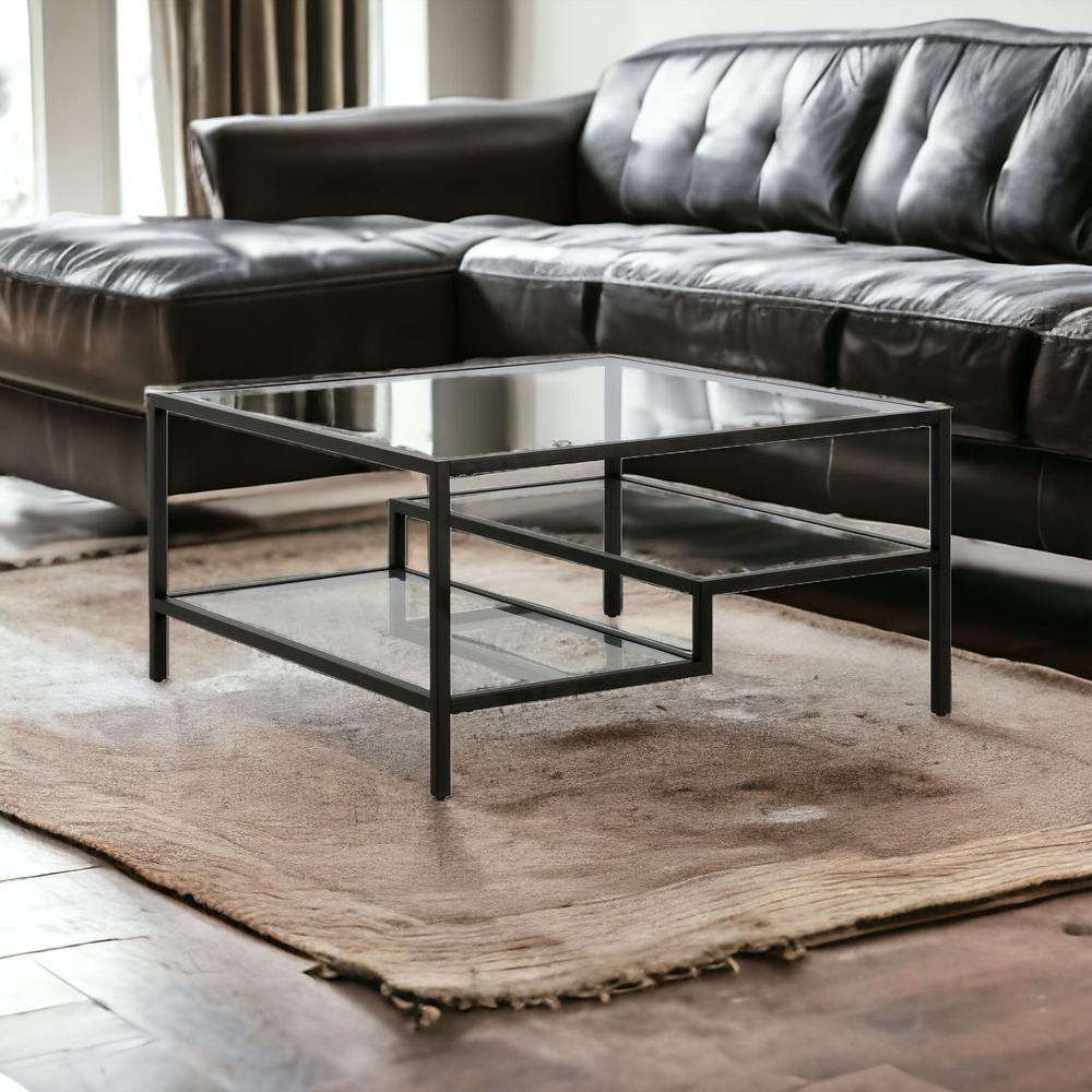 32" Black Glass And Steel Square Coffee Table With Two Shelves. Picture 2