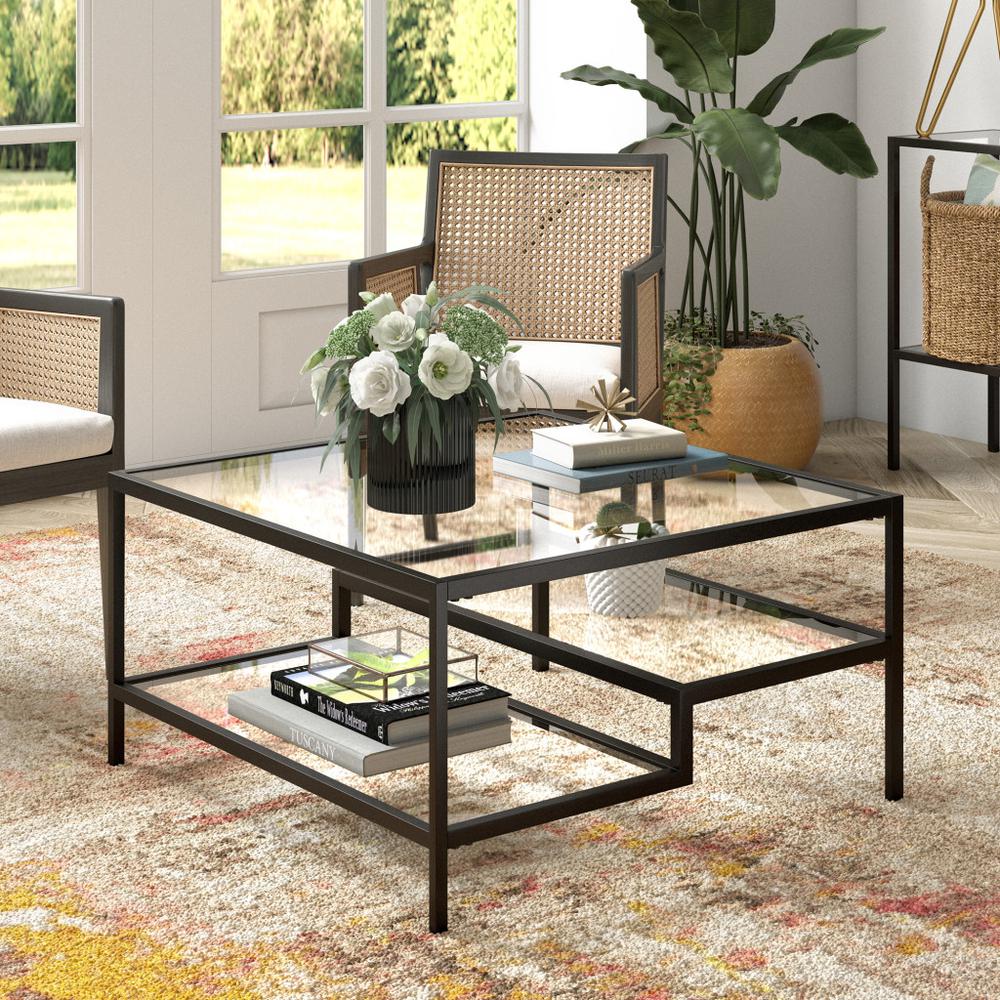 32" Black Glass And Steel Square Coffee Table With Two Shelves. Picture 5