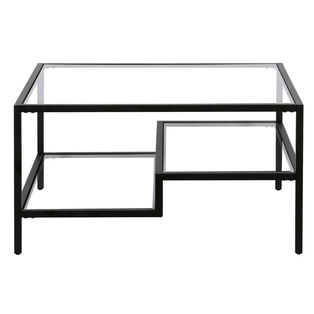 32" Black Glass And Steel Square Coffee Table With Two Shelves. Picture 3