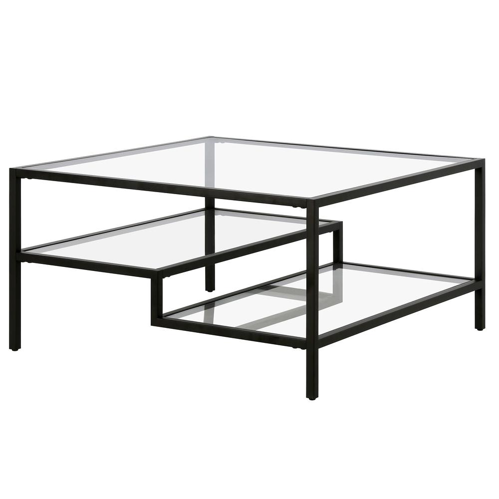 32" Black Glass And Steel Square Coffee Table With Two Shelves. Picture 4