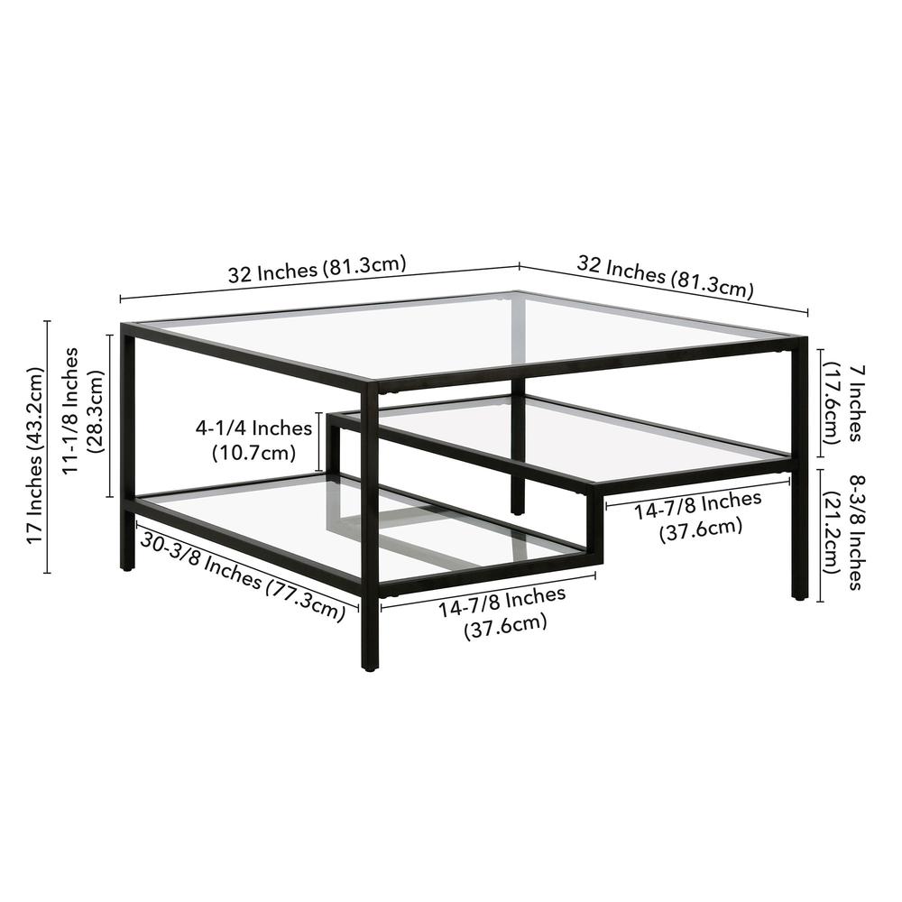 32" Black Glass And Steel Square Coffee Table With Two Shelves. Picture 8