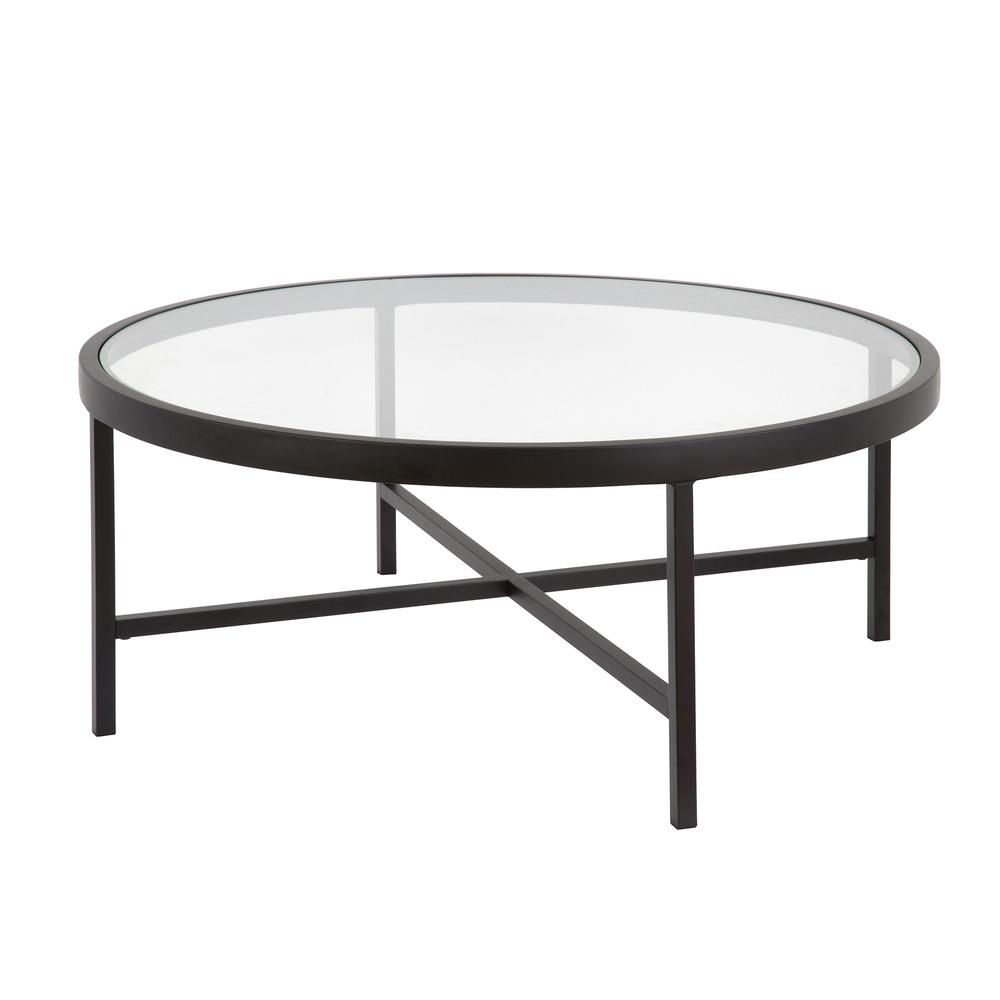 36" Black Glass And Steel Round Coffee Table. Picture 1
