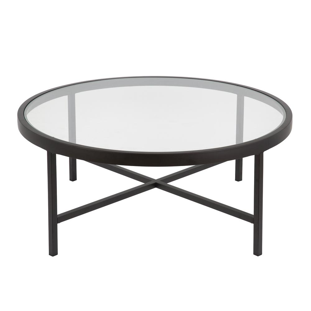 36" Black Glass And Steel Round Coffee Table. Picture 3