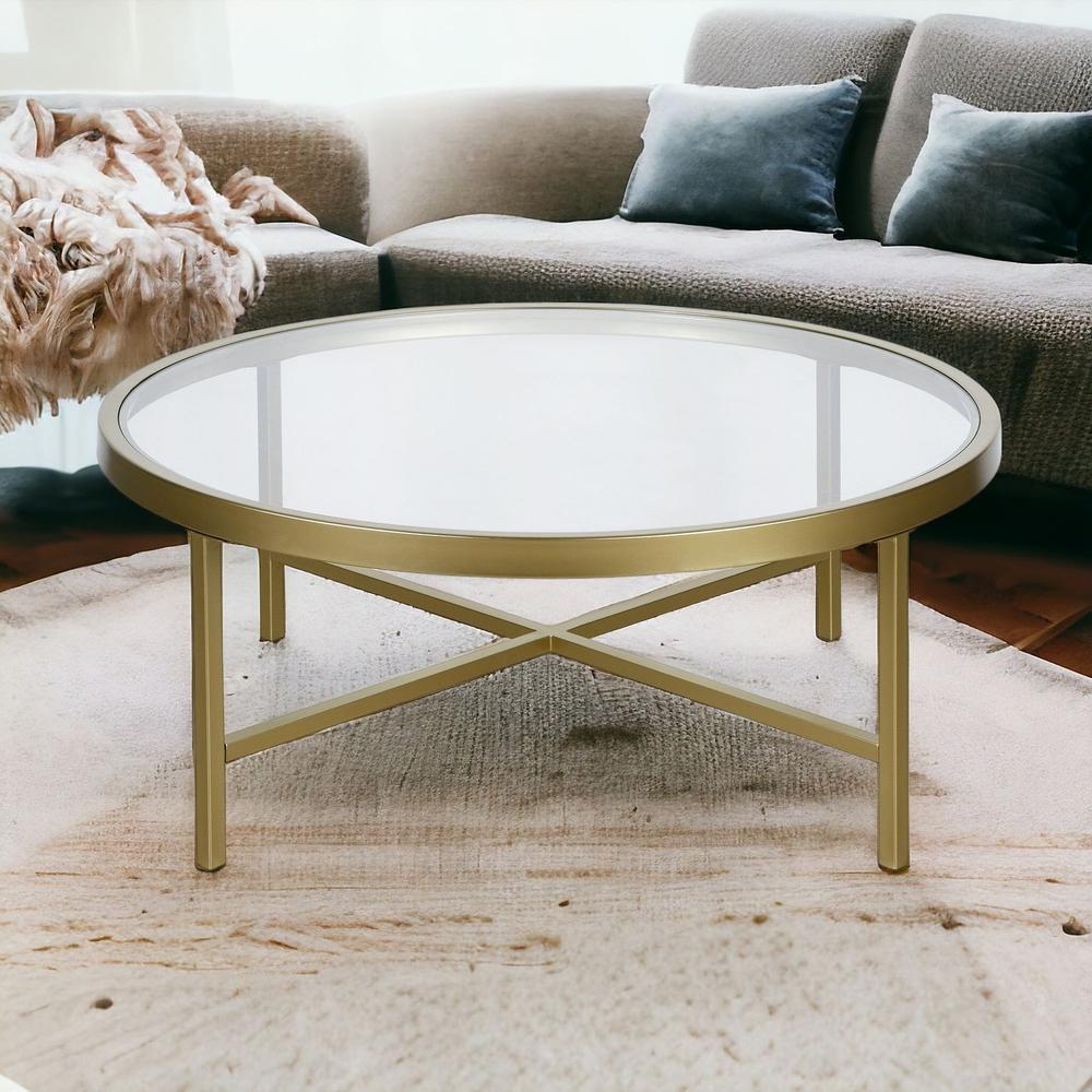 36" Gold Glass And Steel Round Coffee Table. Picture 2