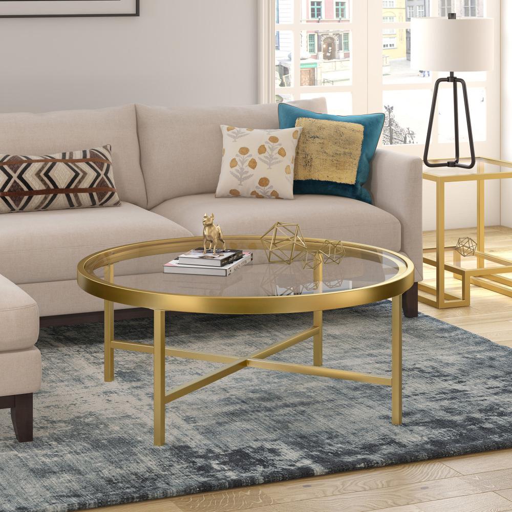 36" Gold Glass And Steel Round Coffee Table. Picture 6