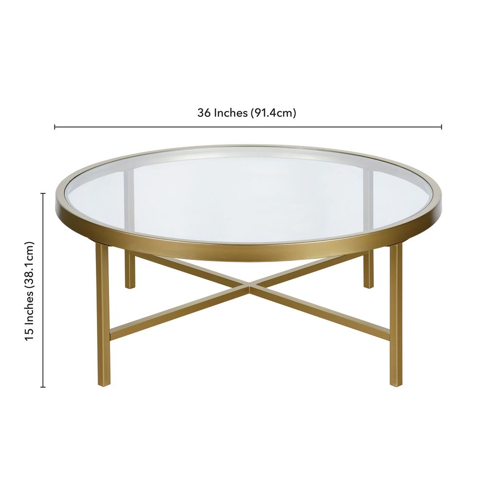36" Gold Glass And Steel Round Coffee Table. Picture 7