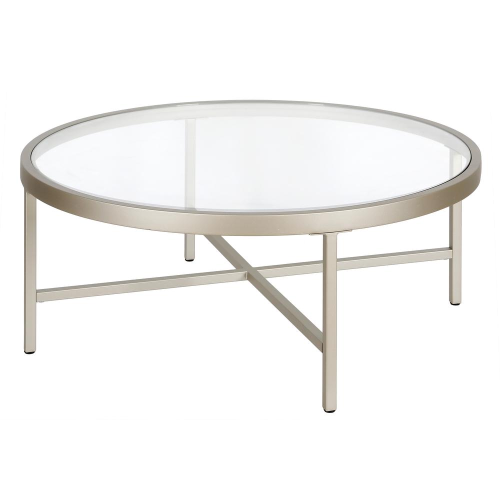 36" Silver Glass And Steel Round Coffee Table. Picture 1