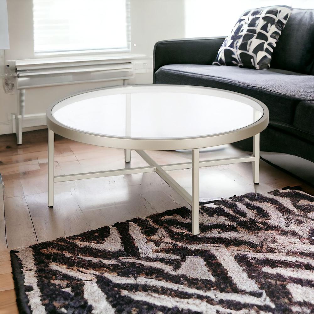 36" Silver Glass And Steel Round Coffee Table. Picture 2
