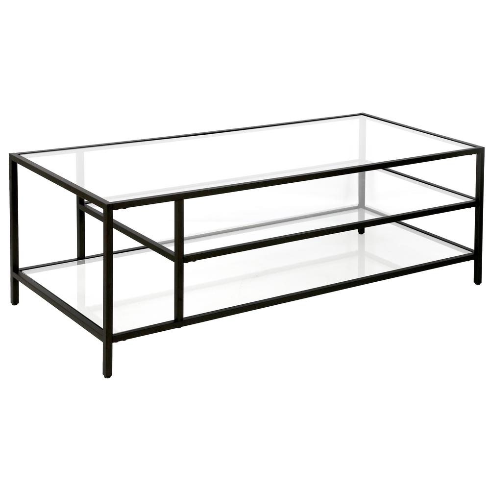 46" Black Glass And Steel Coffee Table With Two Shelves. Picture 1