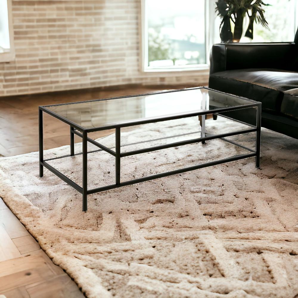 46" Black Glass And Steel Coffee Table With Two Shelves. Picture 2