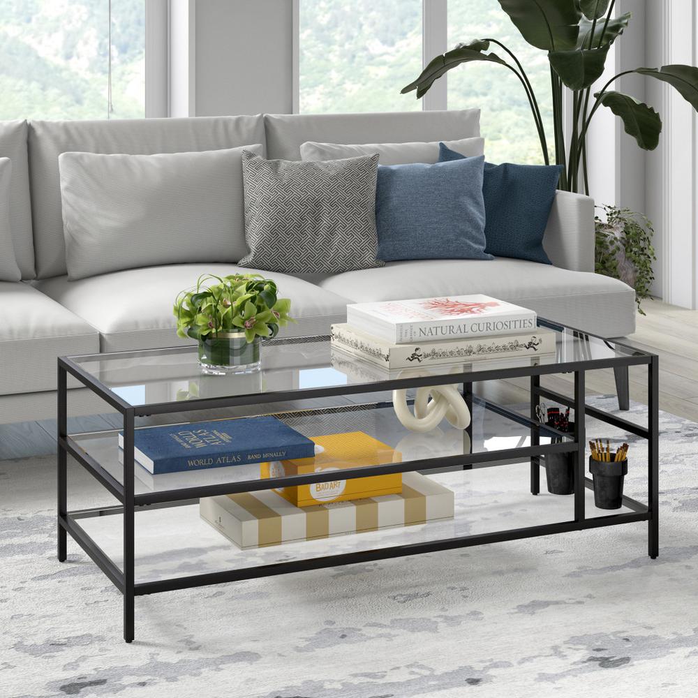 46" Black Glass And Steel Coffee Table With Two Shelves. Picture 6