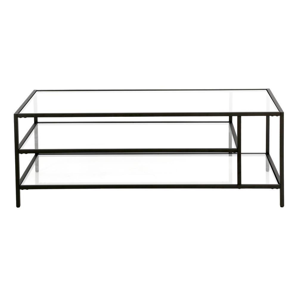 46" Black Glass And Steel Coffee Table With Two Shelves. Picture 3