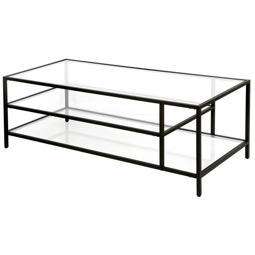 46" Black Glass And Steel Coffee Table With Two Shelves. Picture 4