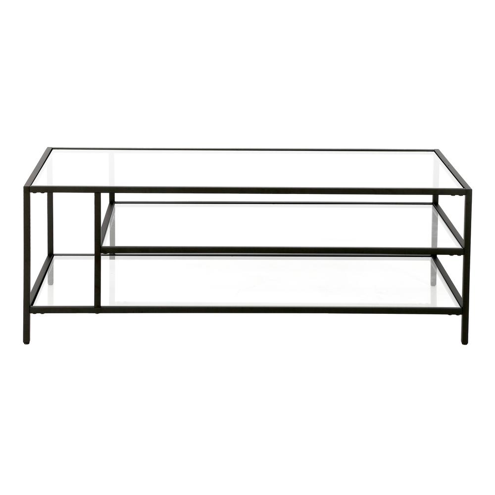 46" Black Glass And Steel Coffee Table With Two Shelves. Picture 5