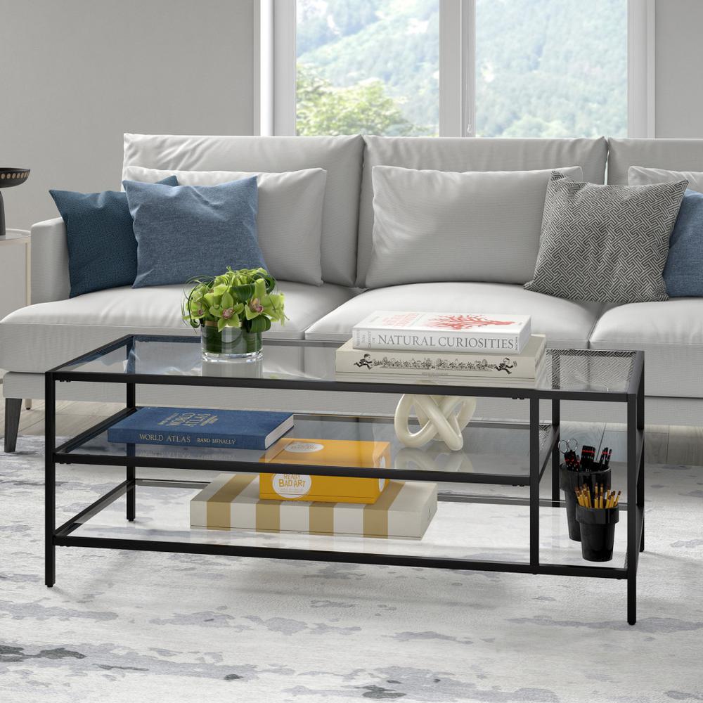46" Black Glass And Steel Coffee Table With Two Shelves. Picture 8