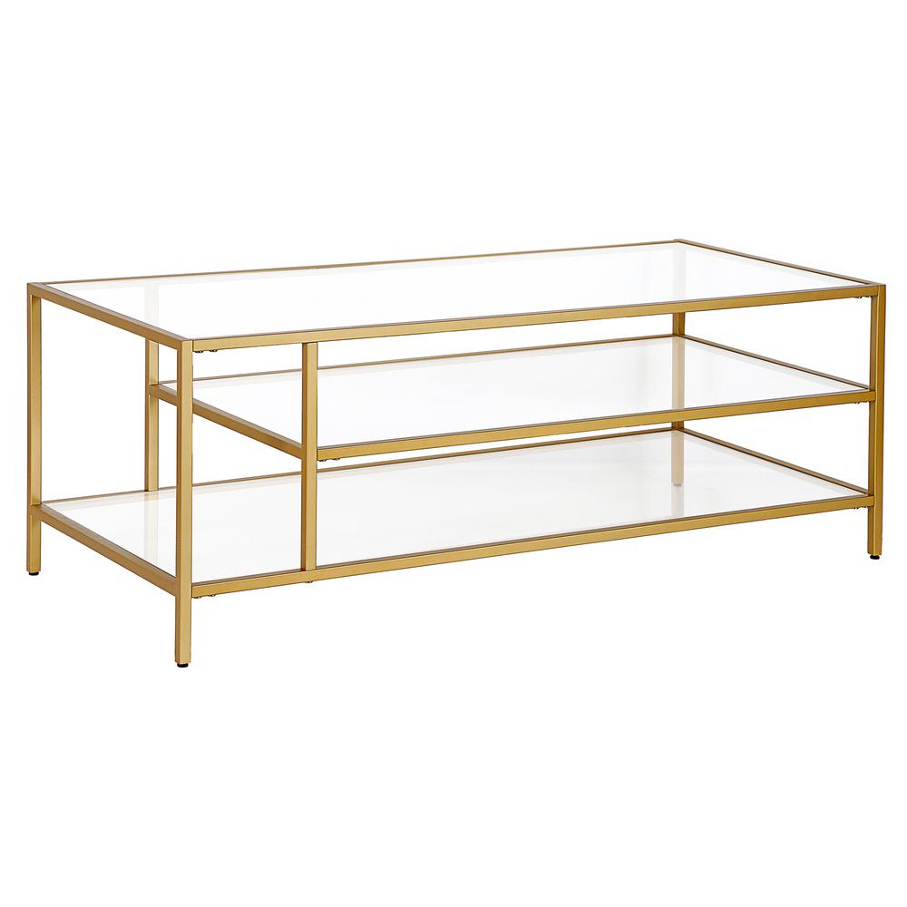 46" Gold Glass And Steel Coffee Table With Two Shelves. Picture 1