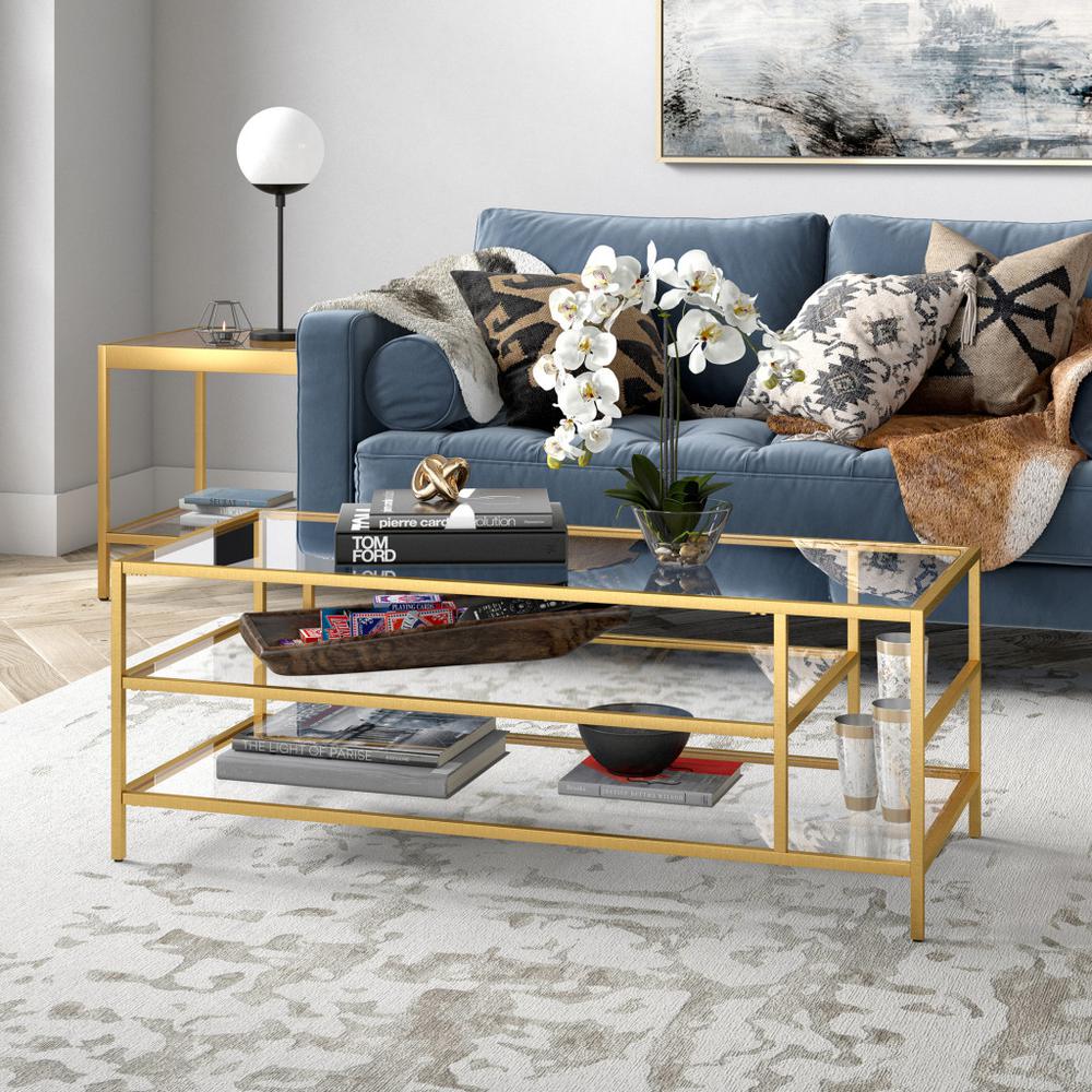 46" Gold Glass And Steel Coffee Table With Two Shelves. Picture 6