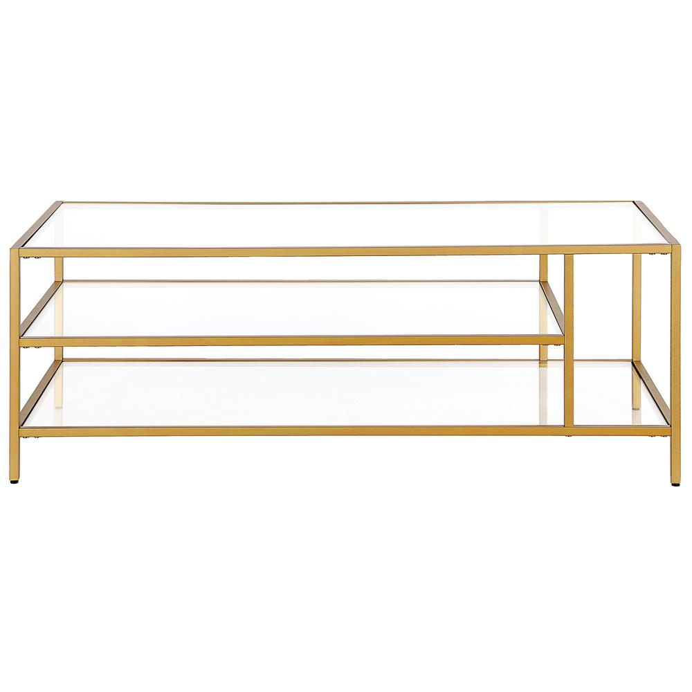 46" Gold Glass And Steel Coffee Table With Two Shelves. Picture 3