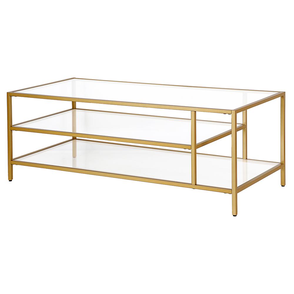 46" Gold Glass And Steel Coffee Table With Two Shelves. Picture 4