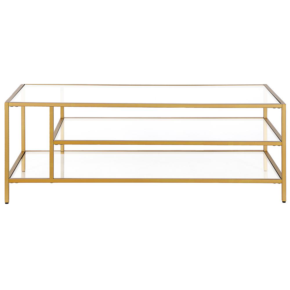 46" Gold Glass And Steel Coffee Table With Two Shelves. Picture 5