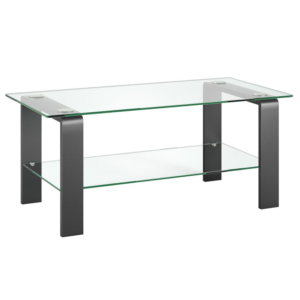 40" Gray Glass And Steel Coffee Table With Shelf. Picture 1