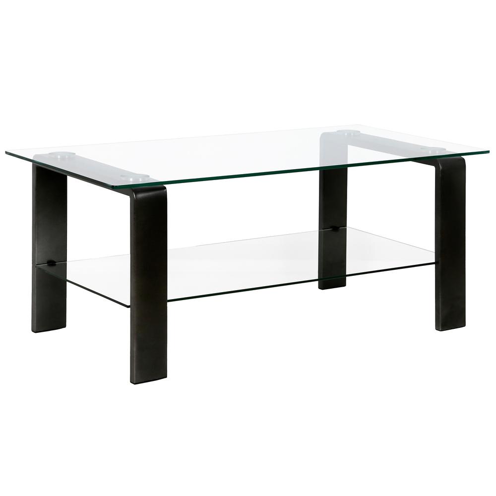 40" Black Glass And Steel Coffee Table With Shelf. Picture 1